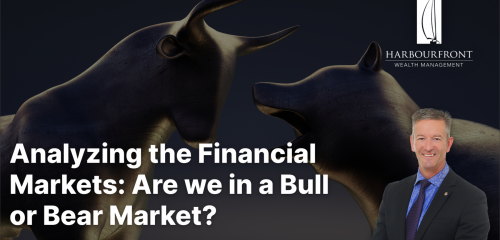 Background of a bull and a bear with image of Bill Richardson and words that read Analyzing the Financial Markets: Are we in a Bull or Bear Market?